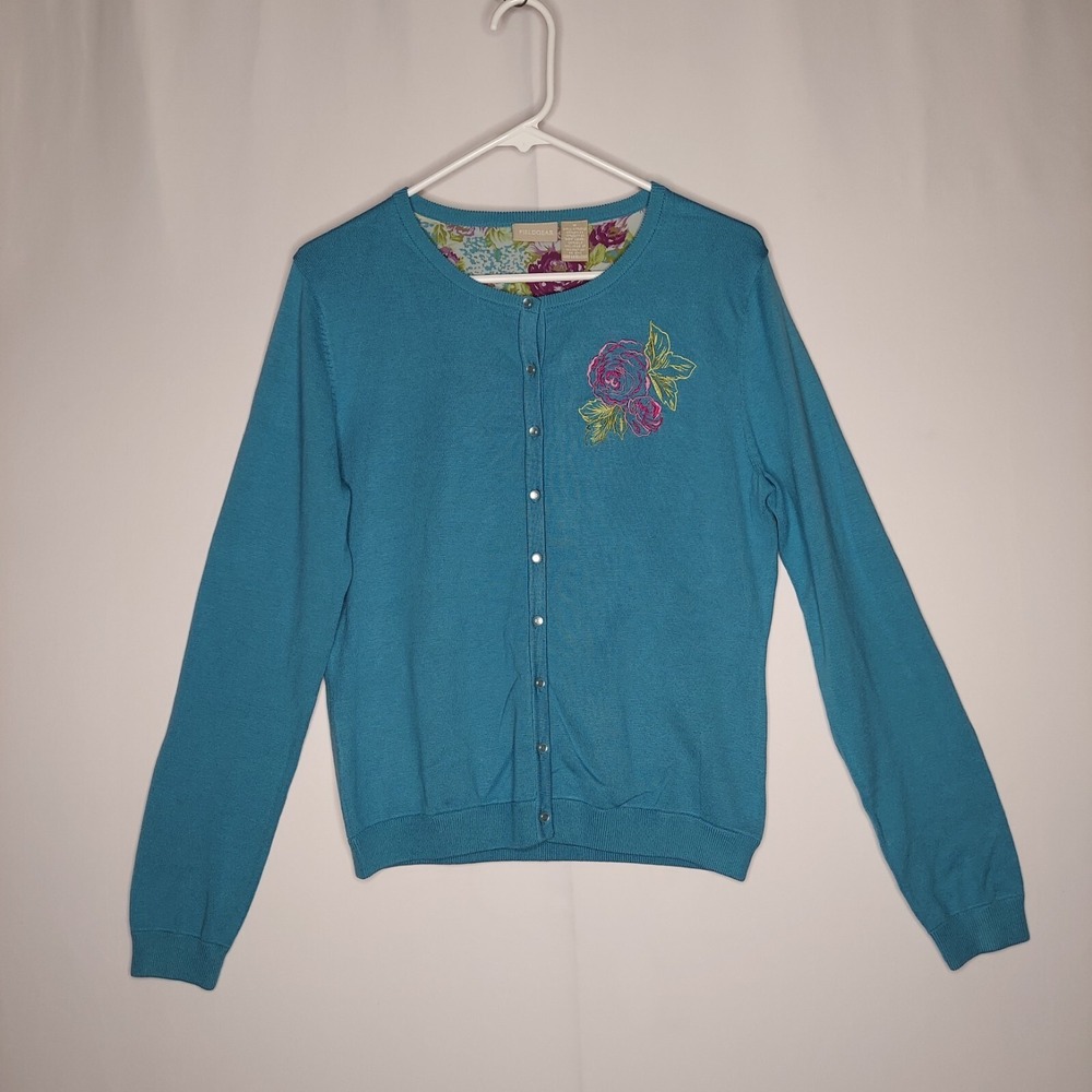 Fieldgear‎ Cardigan Women Medium Silk Teal Floral Embroidered Button Cottagecore